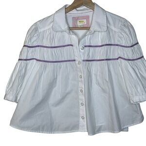 Maeve by Anthropologie White Puff Sleeve Purple Ribbon Detail Size Small